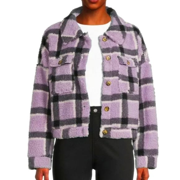 Derek Heart Jackets & Blazers - Derek Heart Juniors Fluffy Faux Sherpa Button Sweater Purple LARGE